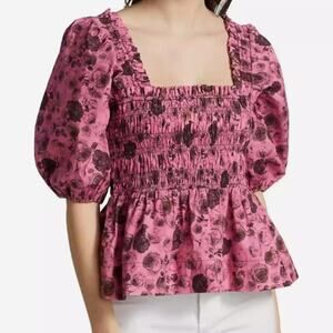 Ganni Pink Watercolor Floral Smocked Blouse 2 Cotton Poplin Puff Sleeve Peplum
